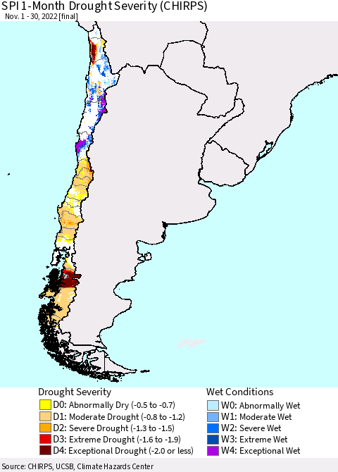 Chile SPI 1-Month Drought Severity (CHIRPS) Thematic Map For 11/1/2022 - 11/30/2022