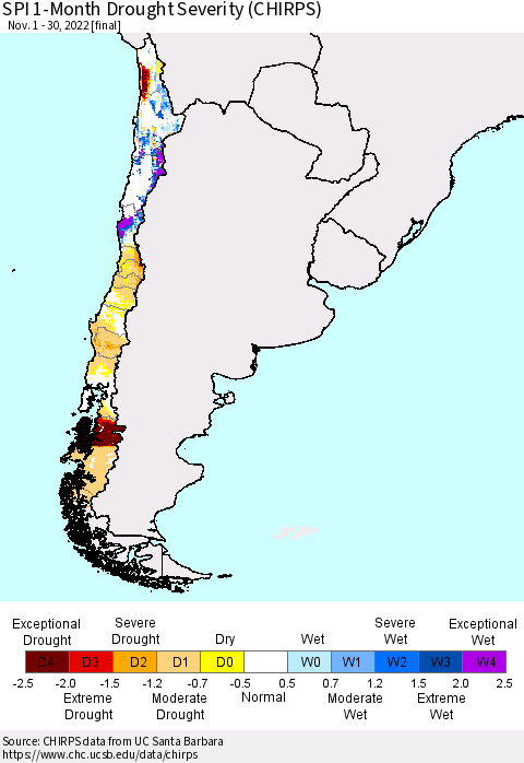 Chile SPI 1-Month Drought Severity (CHIRPS) Thematic Map For 11/1/2022 - 11/30/2022