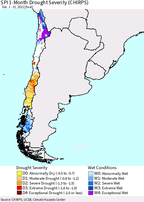 Chile SPI 1-Month Drought Severity (CHIRPS) Thematic Map For 12/1/2022 - 12/31/2022