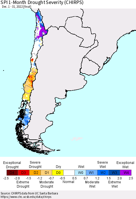 Chile SPI 1-Month Drought Severity (CHIRPS) Thematic Map For 12/1/2022 - 12/31/2022