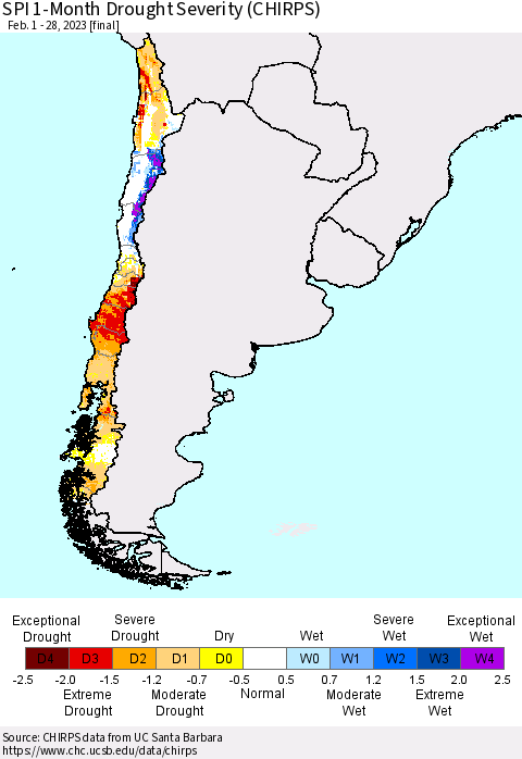Chile SPI 1-Month Drought Severity (CHIRPS) Thematic Map For 2/1/2023 - 2/28/2023