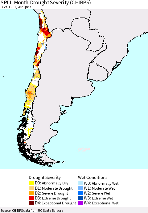Chile SPI 1-Month Drought Severity (CHIRPS) Thematic Map For 10/1/2023 - 10/31/2023