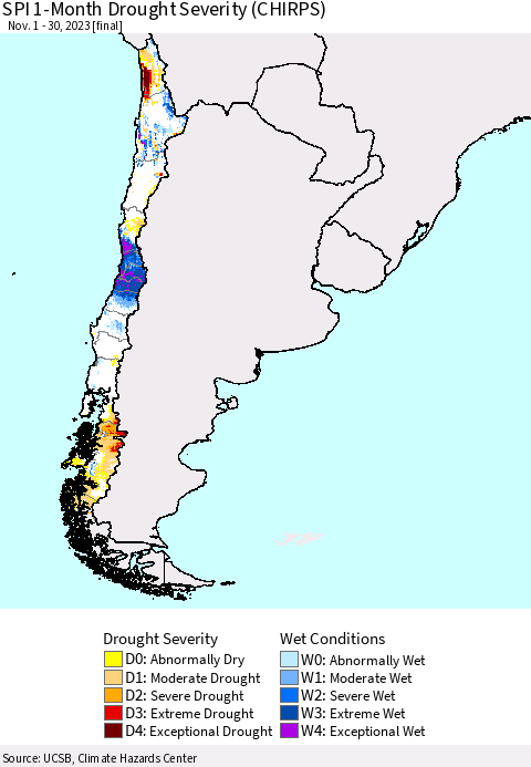 Chile SPI 1-Month Drought Severity (CHIRPS) Thematic Map For 11/1/2023 - 11/30/2023