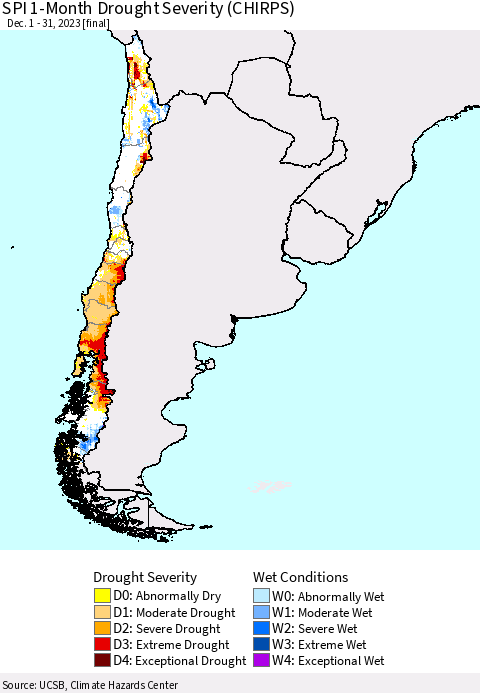 Chile SPI 1-Month Drought Severity (CHIRPS) Thematic Map For 12/1/2023 - 12/31/2023