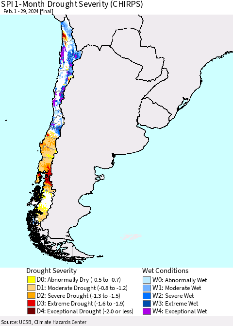 Chile SPI 1-Month Drought Severity (CHIRPS) Thematic Map For 2/1/2024 - 2/29/2024
