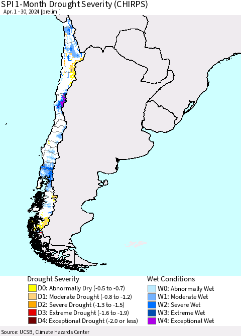 Chile SPI 1-Month Drought Severity (CHIRPS) Thematic Map For 4/1/2024 - 4/30/2024