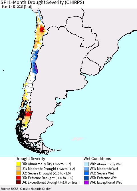 Chile SPI 1-Month Drought Severity (CHIRPS) Thematic Map For 5/1/2024 - 5/31/2024