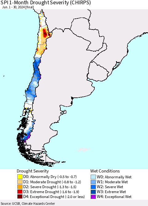 Chile SPI 1-Month Drought Severity (CHIRPS) Thematic Map For 6/1/2024 - 6/30/2024