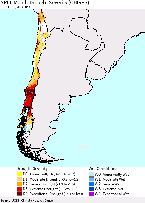 Chile SPI 1-Month Drought Severity (CHIRPS) Thematic Map For 7/1/2024 - 7/31/2024
