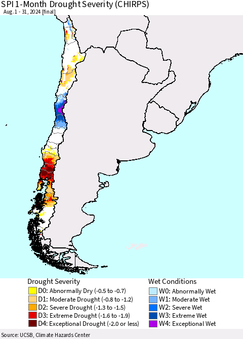 Chile SPI 1-Month Drought Severity (CHIRPS) Thematic Map For 8/1/2024 - 8/31/2024