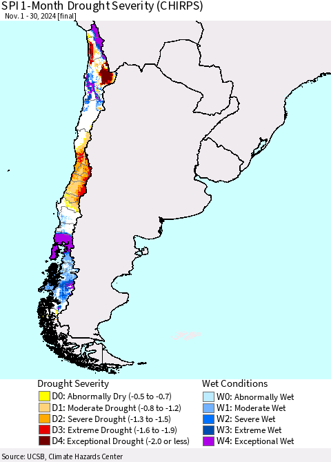 Chile SPI 1-Month Drought Severity (CHIRPS) Thematic Map For 11/1/2024 - 11/30/2024