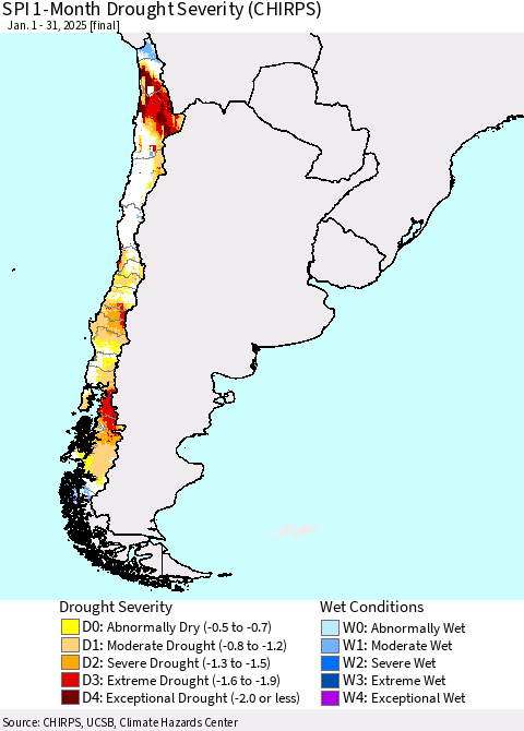 Chile SPI 1-Month Drought Severity (CHIRPS) Thematic Map For 1/1/2025 - 1/31/2025