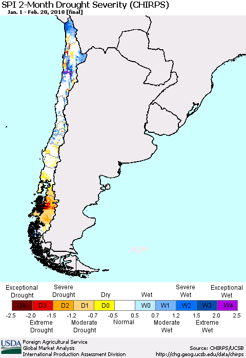 Chile SPI 2-Month Drought Severity (CHIRPS) Thematic Map For 1/1/2018 - 2/28/2018