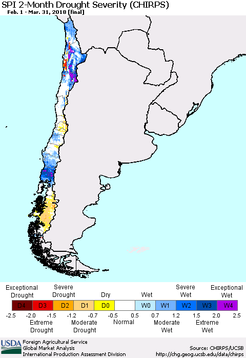 Chile SPI 2-Month Drought Severity (CHIRPS) Thematic Map For 2/1/2018 - 3/31/2018
