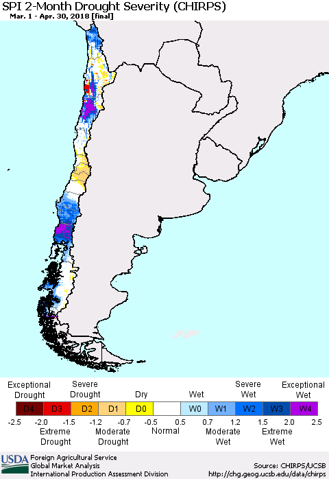 Chile SPI 2-Month Drought Severity (CHIRPS) Thematic Map For 3/1/2018 - 4/30/2018