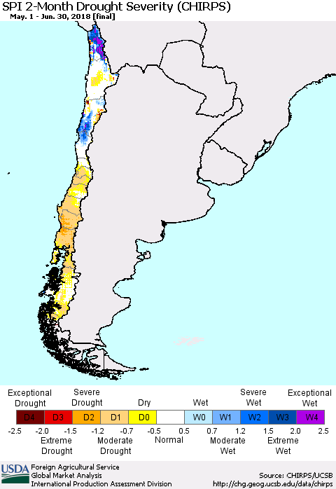 Chile SPI 2-Month Drought Severity (CHIRPS) Thematic Map For 5/1/2018 - 6/30/2018