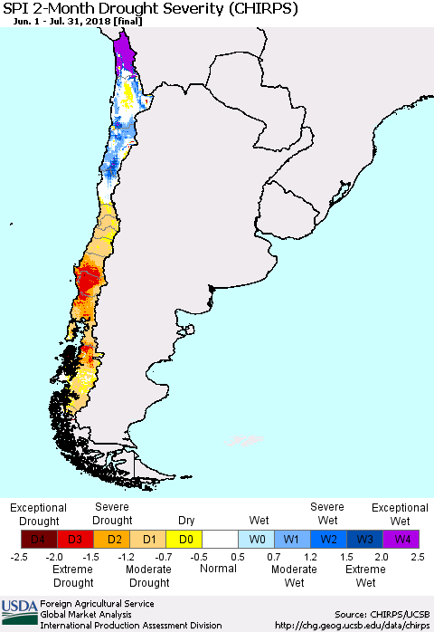 Chile SPI 2-Month Drought Severity (CHIRPS) Thematic Map For 6/1/2018 - 7/31/2018