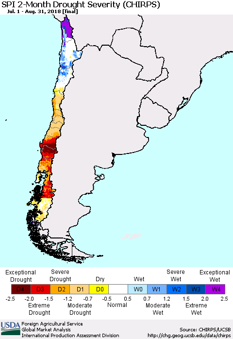 Chile SPI 2-Month Drought Severity (CHIRPS) Thematic Map For 7/1/2018 - 8/31/2018
