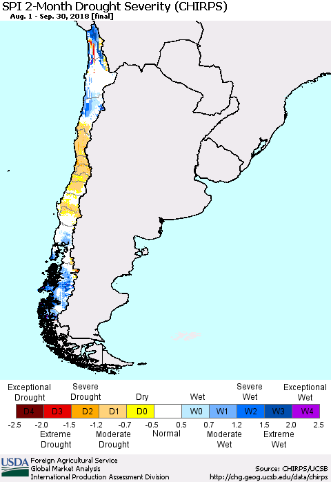 Chile SPI 2-Month Drought Severity (CHIRPS) Thematic Map For 8/1/2018 - 9/30/2018