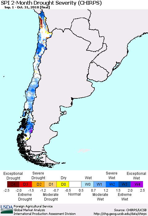 Chile SPI 2-Month Drought Severity (CHIRPS) Thematic Map For 9/1/2018 - 10/31/2018