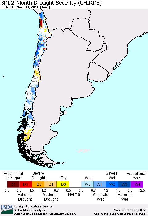 Chile SPI 2-Month Drought Severity (CHIRPS) Thematic Map For 10/1/2018 - 11/30/2018