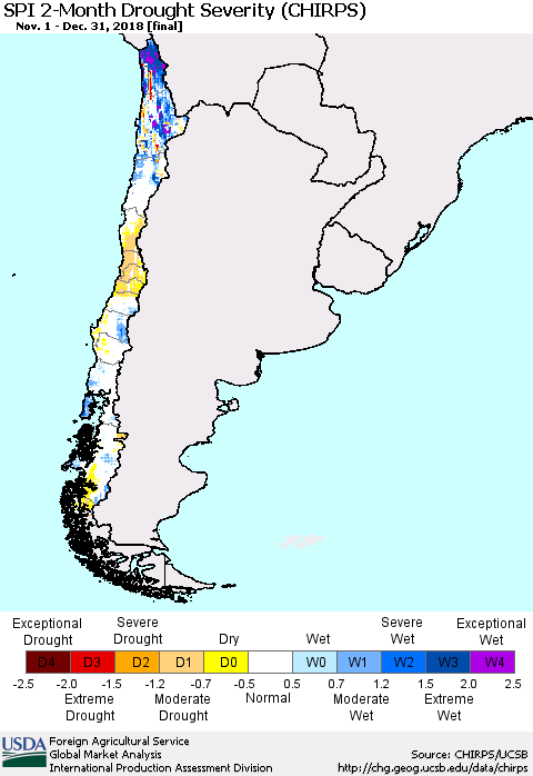 Chile SPI 2-Month Drought Severity (CHIRPS) Thematic Map For 11/1/2018 - 12/31/2018