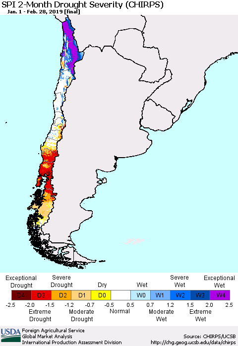 Chile SPI 2-Month Drought Severity (CHIRPS) Thematic Map For 1/1/2019 - 2/28/2019