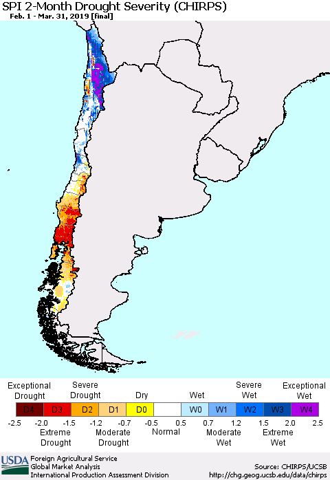 Chile SPI 2-Month Drought Severity (CHIRPS) Thematic Map For 2/1/2019 - 3/31/2019