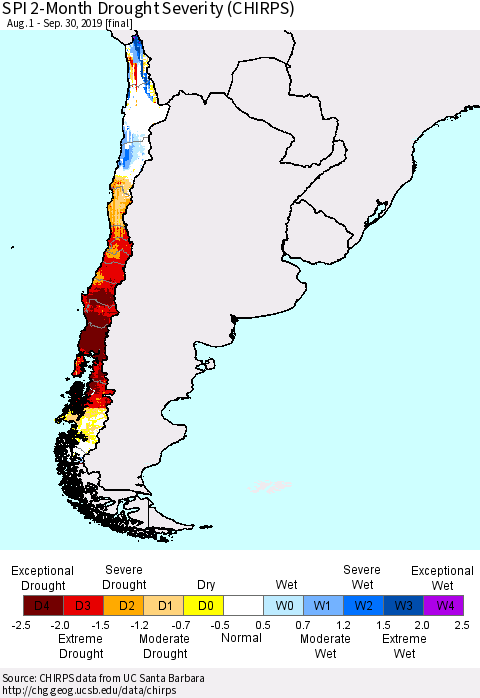 Chile SPI 2-Month Drought Severity (CHIRPS) Thematic Map For 8/1/2019 - 9/30/2019