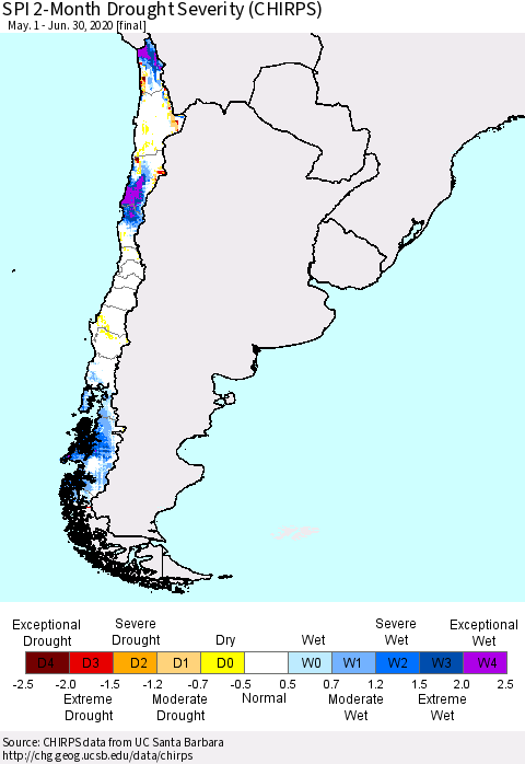 Chile SPI 2-Month Drought Severity (CHIRPS) Thematic Map For 5/1/2020 - 6/30/2020