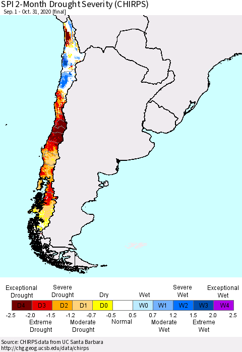 Chile SPI 2-Month Drought Severity (CHIRPS) Thematic Map For 9/1/2020 - 10/31/2020