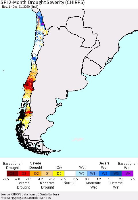 Chile SPI 2-Month Drought Severity (CHIRPS) Thematic Map For 11/1/2020 - 12/31/2020