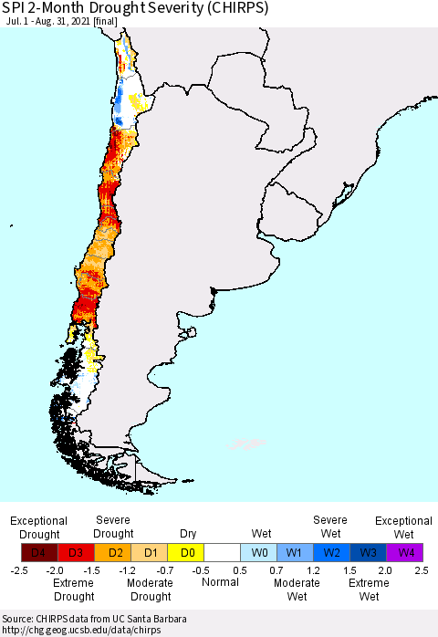 Chile SPI 2-Month Drought Severity (CHIRPS) Thematic Map For 7/1/2021 - 8/31/2021
