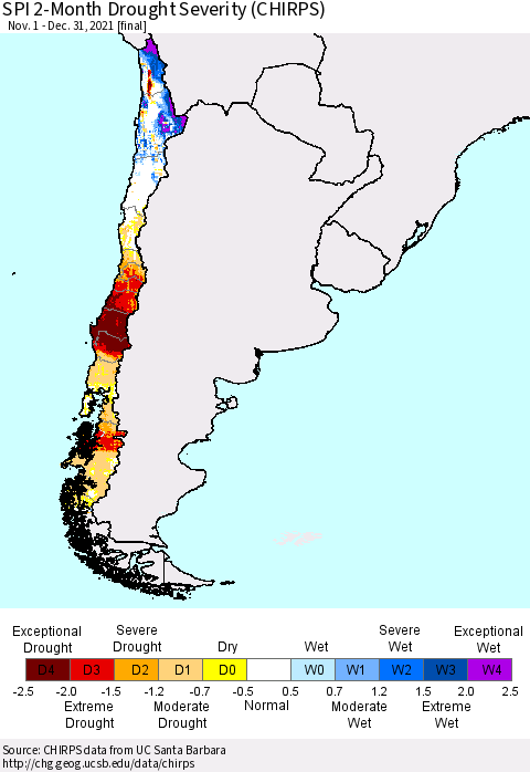 Chile SPI 2-Month Drought Severity (CHIRPS) Thematic Map For 11/1/2021 - 12/31/2021