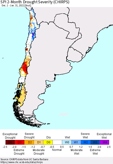 Chile SPI 2-Month Drought Severity (CHIRPS) Thematic Map For 12/1/2021 - 1/31/2022