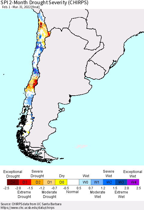 Chile SPI 2-Month Drought Severity (CHIRPS) Thematic Map For 2/1/2022 - 3/31/2022