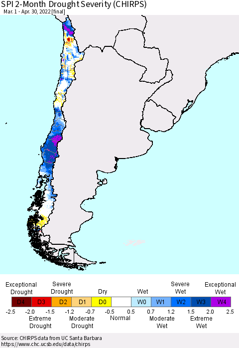 Chile SPI 2-Month Drought Severity (CHIRPS) Thematic Map For 3/1/2022 - 4/30/2022