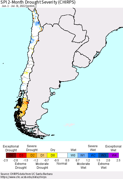 Chile SPI 2-Month Drought Severity (CHIRPS) Thematic Map For 6/1/2022 - 7/31/2022