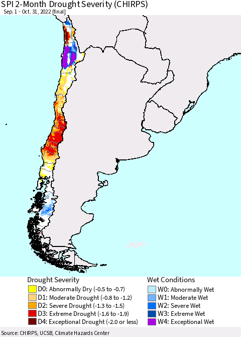 Chile SPI 2-Month Drought Severity (CHIRPS) Thematic Map For 9/1/2022 - 10/31/2022
