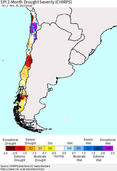 Chile SPI 2-Month Drought Severity (CHIRPS) Thematic Map For 10/1/2022 - 11/30/2022