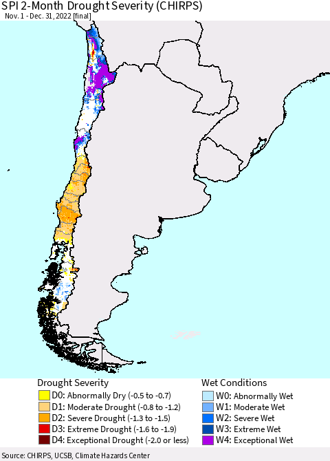 Chile SPI 2-Month Drought Severity (CHIRPS) Thematic Map For 11/1/2022 - 12/31/2022