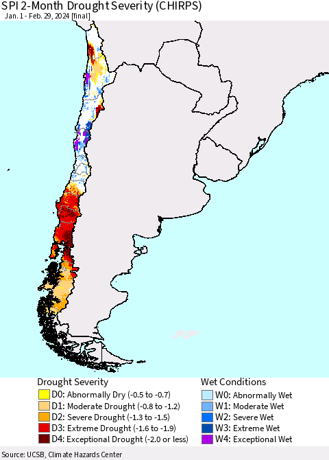 Chile SPI 2-Month Drought Severity (CHIRPS) Thematic Map For 1/1/2024 - 2/29/2024