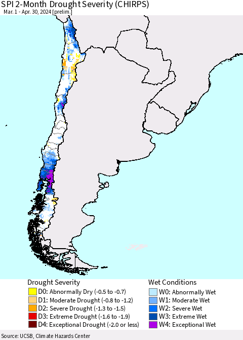 Chile SPI 2-Month Drought Severity (CHIRPS) Thematic Map For 3/1/2024 - 4/30/2024