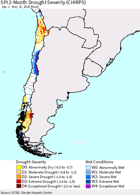 Chile SPI 2-Month Drought Severity (CHIRPS) Thematic Map For 4/1/2024 - 5/31/2024