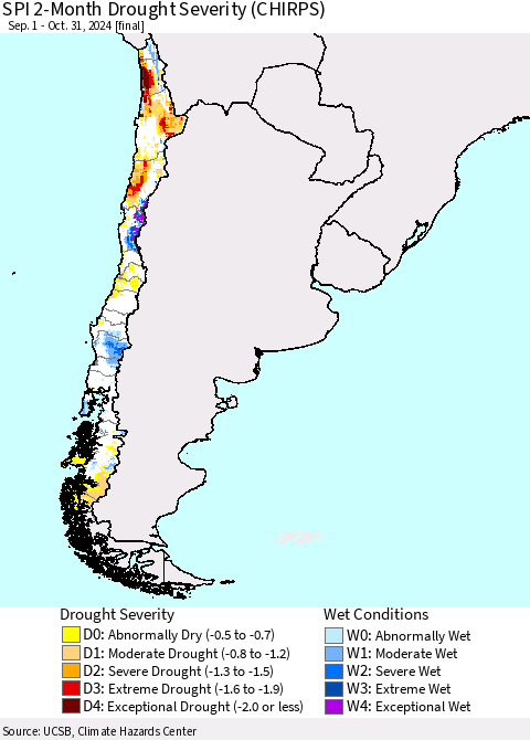 Chile SPI 2-Month Drought Severity (CHIRPS) Thematic Map For 9/1/2024 - 10/31/2024