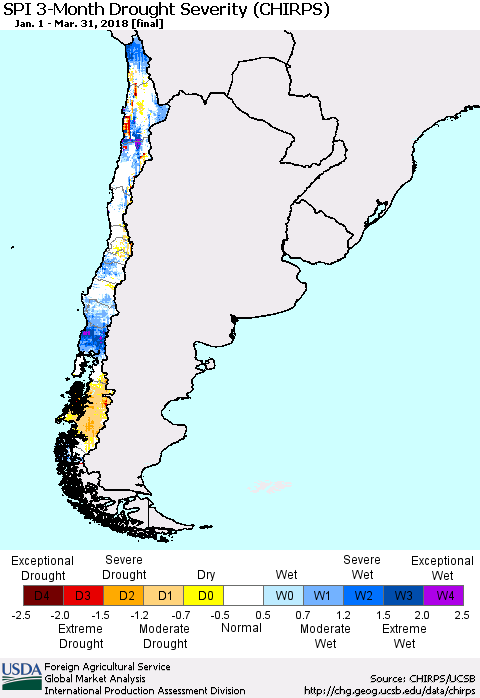 Chile SPI 3-Month Drought Severity (CHIRPS) Thematic Map For 1/1/2018 - 3/31/2018