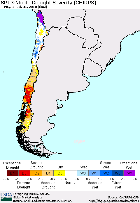 Chile SPI 3-Month Drought Severity (CHIRPS) Thematic Map For 5/1/2018 - 7/31/2018