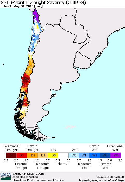 Chile SPI 3-Month Drought Severity (CHIRPS) Thematic Map For 6/1/2018 - 8/31/2018