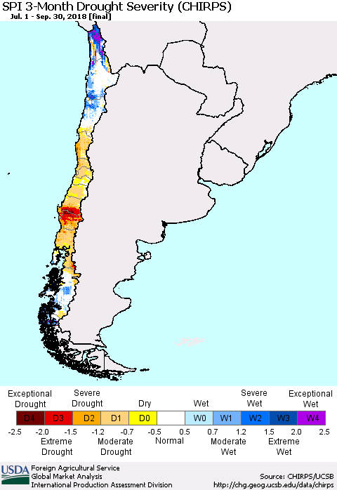 Chile SPI 3-Month Drought Severity (CHIRPS) Thematic Map For 7/1/2018 - 9/30/2018