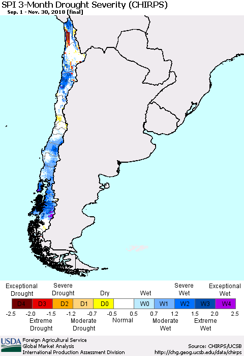 Chile SPI 3-Month Drought Severity (CHIRPS) Thematic Map For 9/1/2018 - 11/30/2018